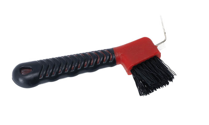 HOOF PICK WITH BRUSH PLASTIC RED/BLACK