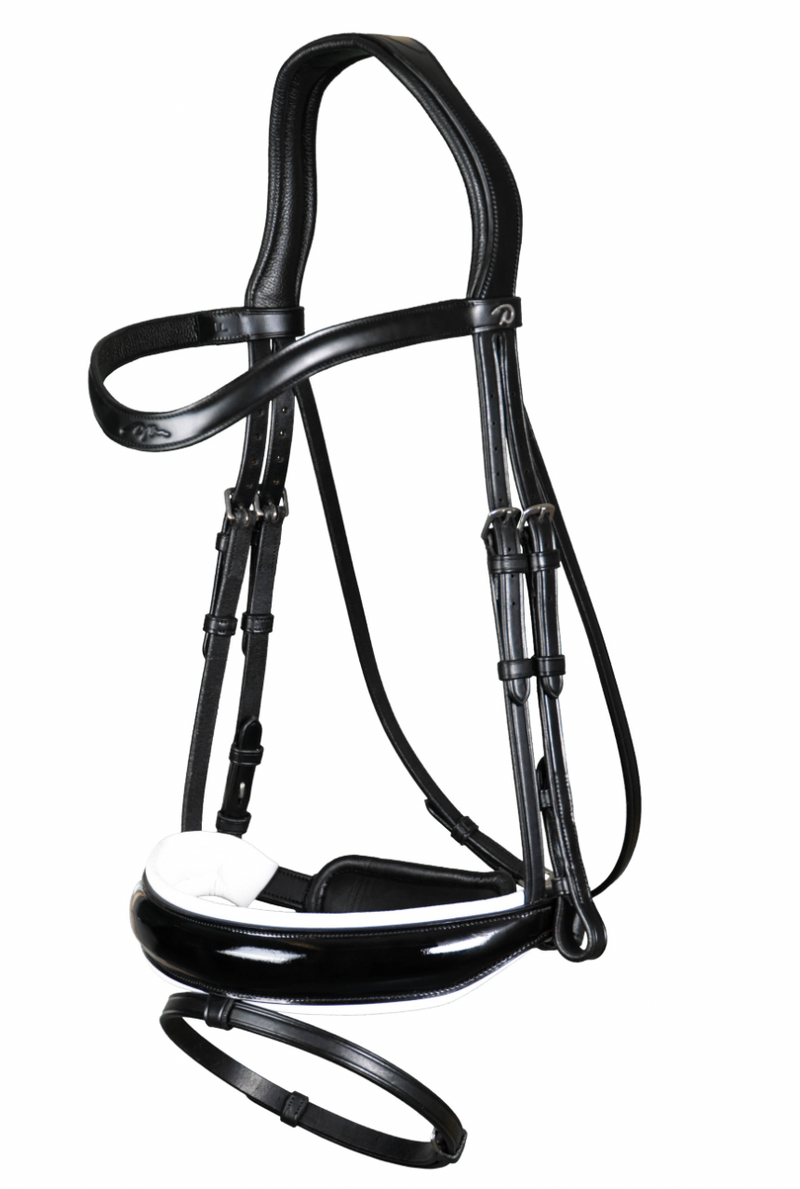 DY'ON PATENT LARGE CRANK NOSEBAND BRIDLE WITH WHITE PADDING AND FLASH